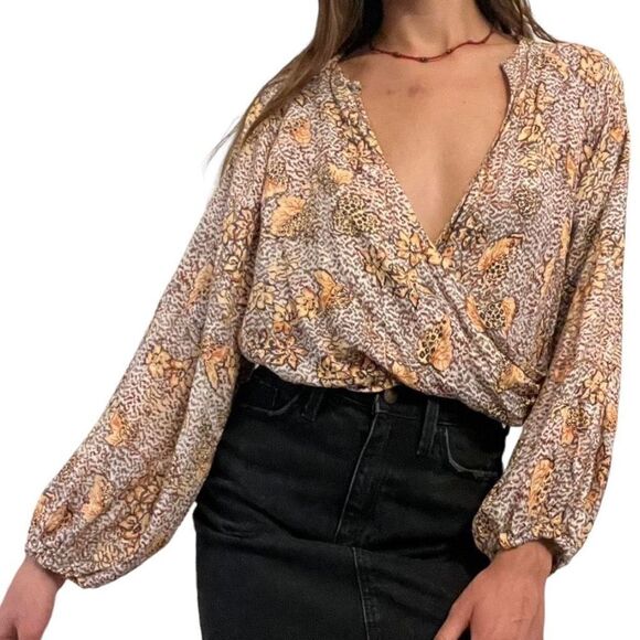 Rachel Zoe Tops - Rachel Zoe Bohemian Leopard Floral Print Deep V-neck Wrap Blouse